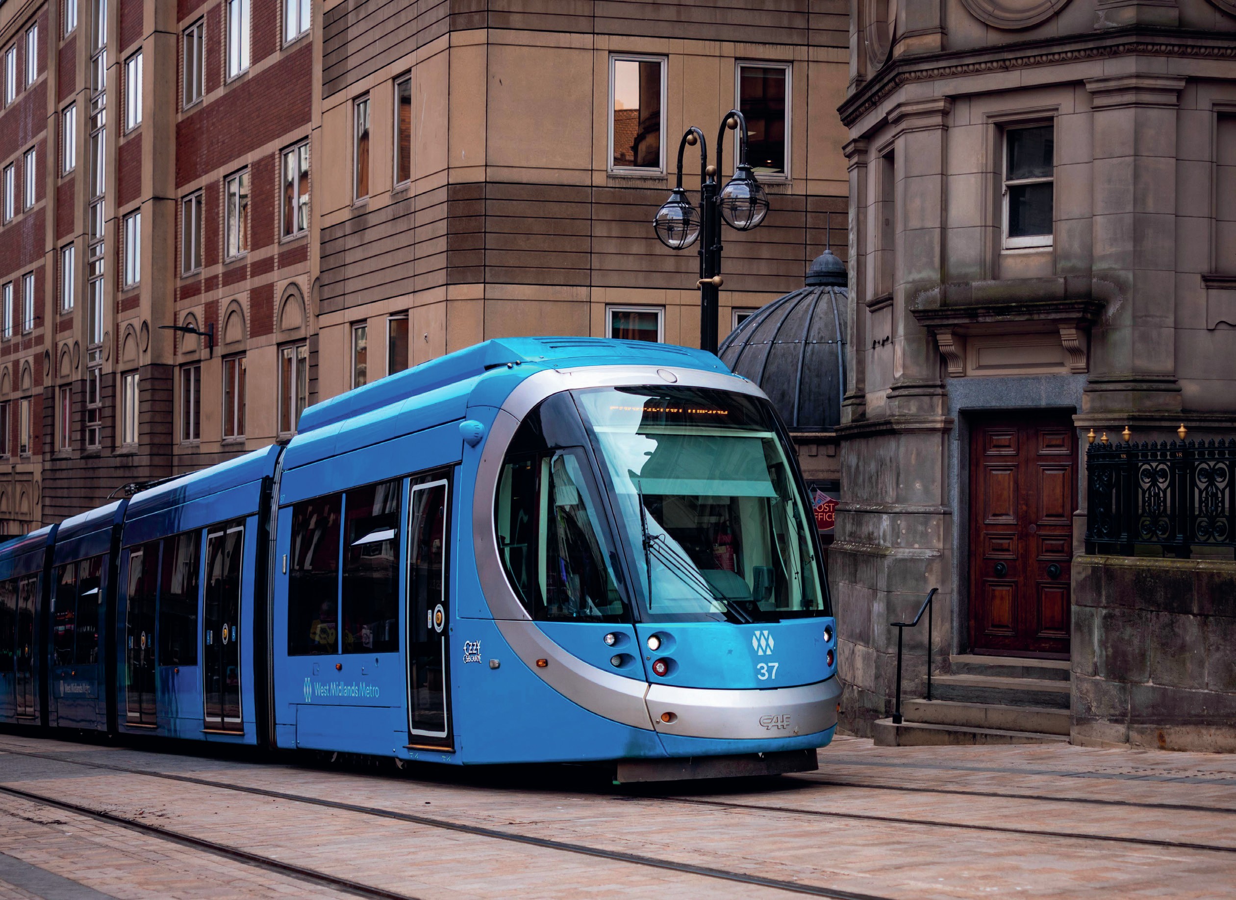 Photograph of a blue tram in Birmingham