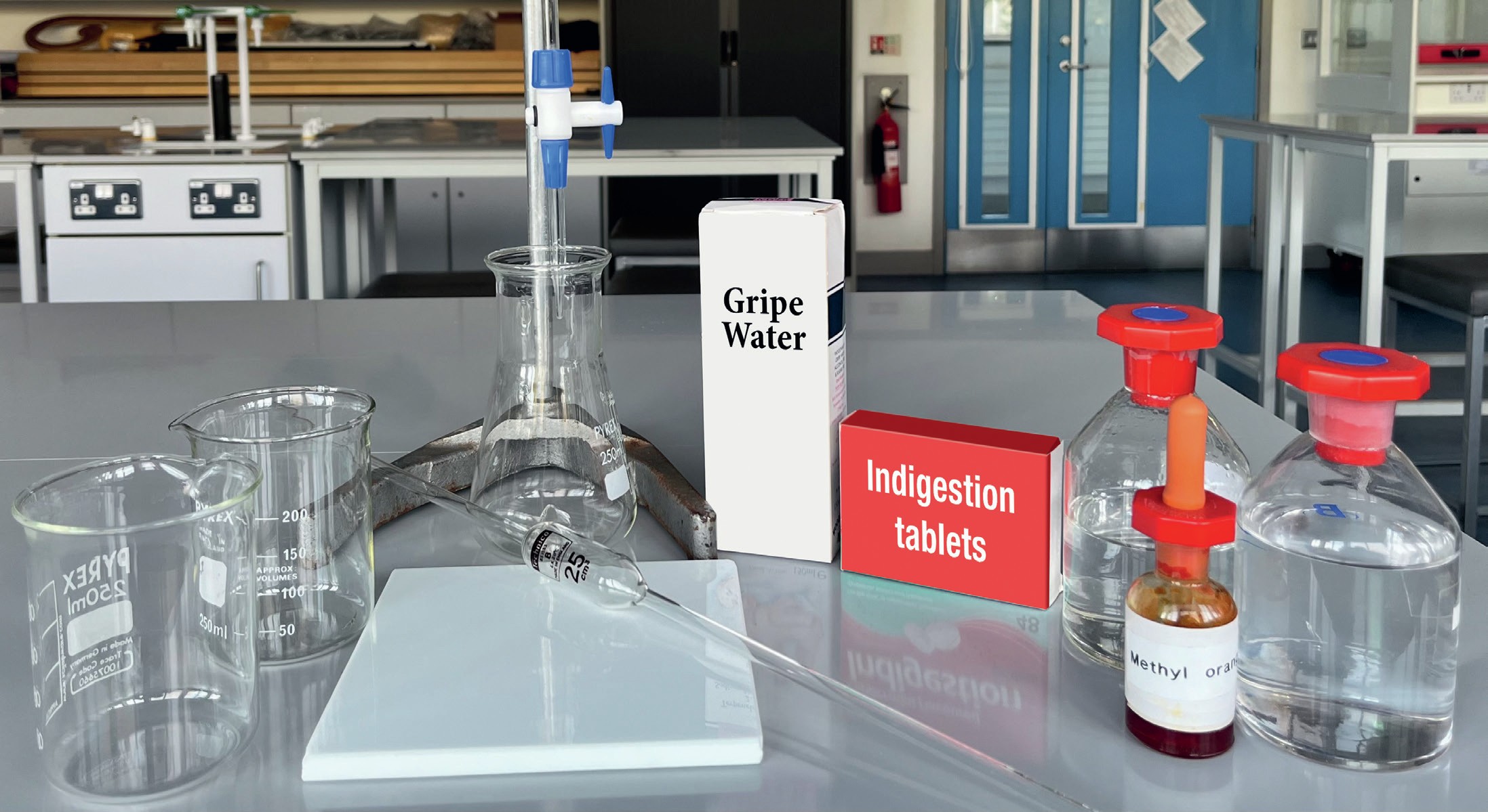 The equipment needed for the experiment on a table in a lab.