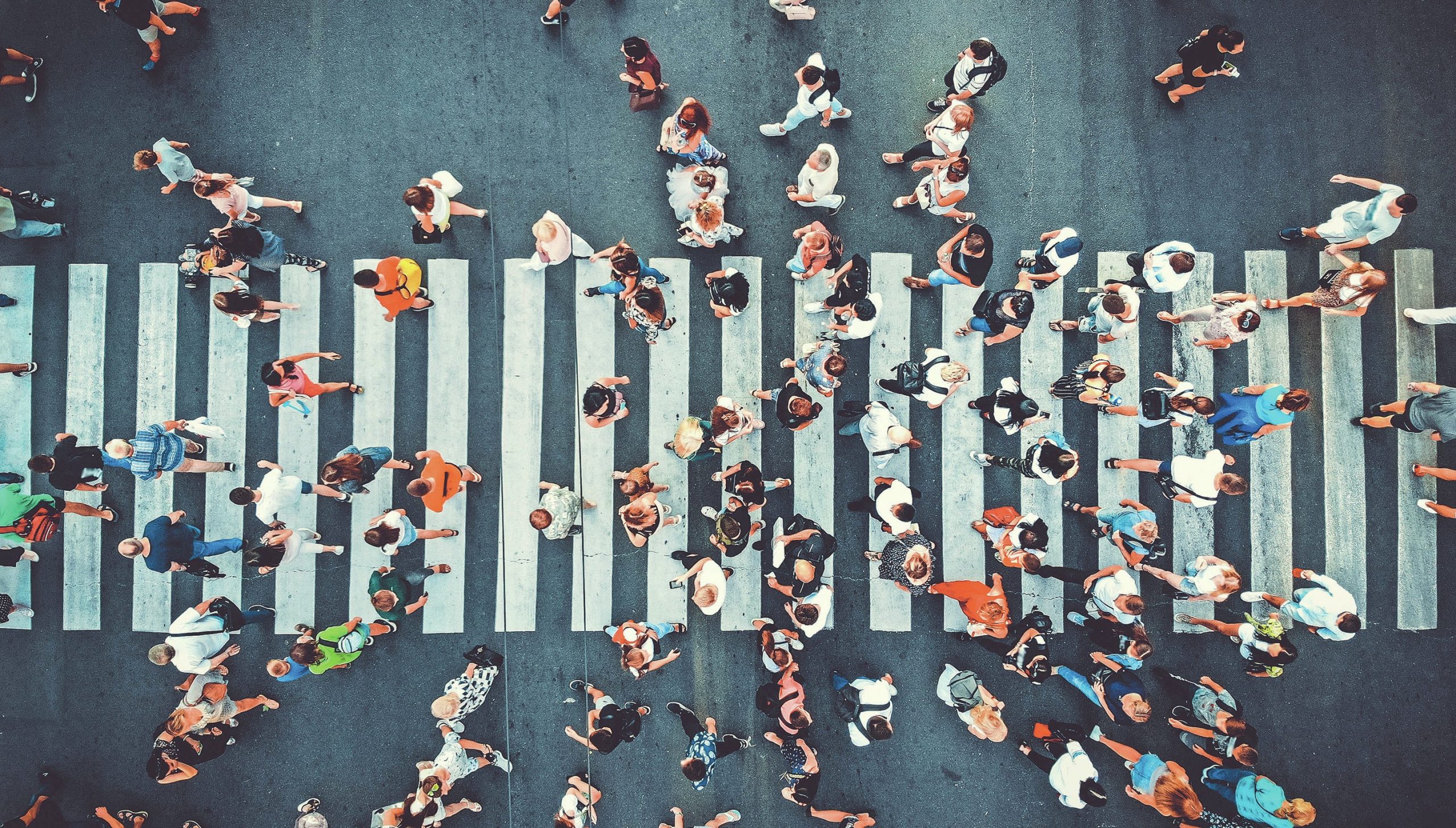 Aerial view of busy pedestrian crossing.