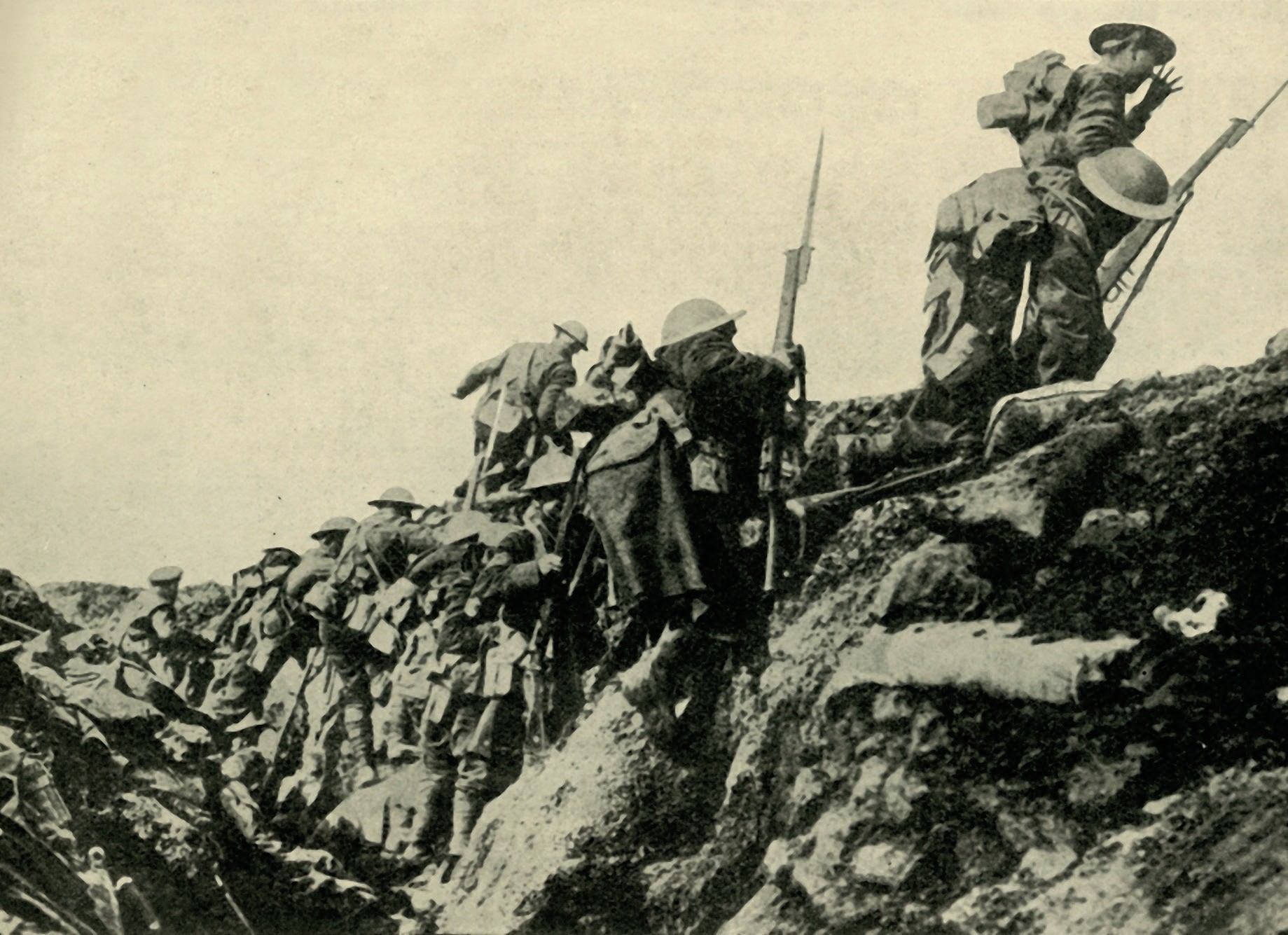 Photo of soldiers going over the top in 1916.