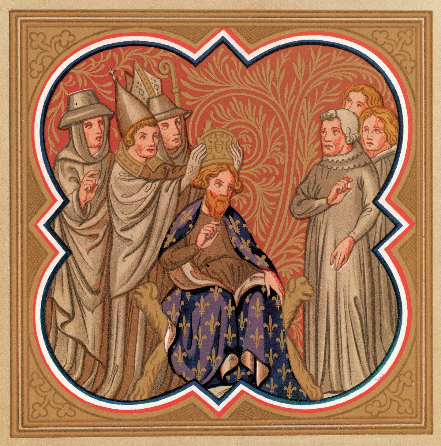 Artwork, with a king sitting in grand robes on a throne, and a pope placing a crown on his head.