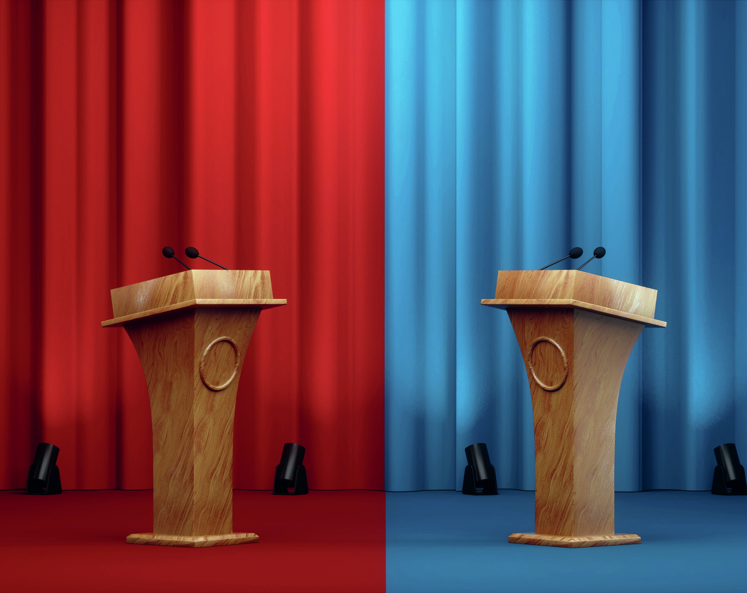 Two podiums, one against a red background and the other against a blue background.