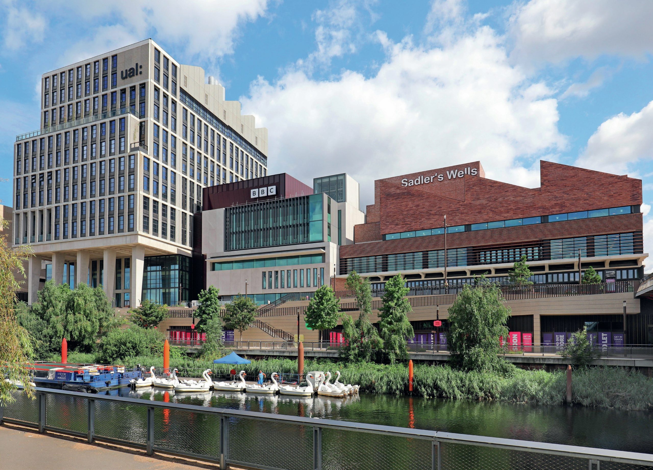 B B C and Sadler’s Wells buildings at London’s East Bank.