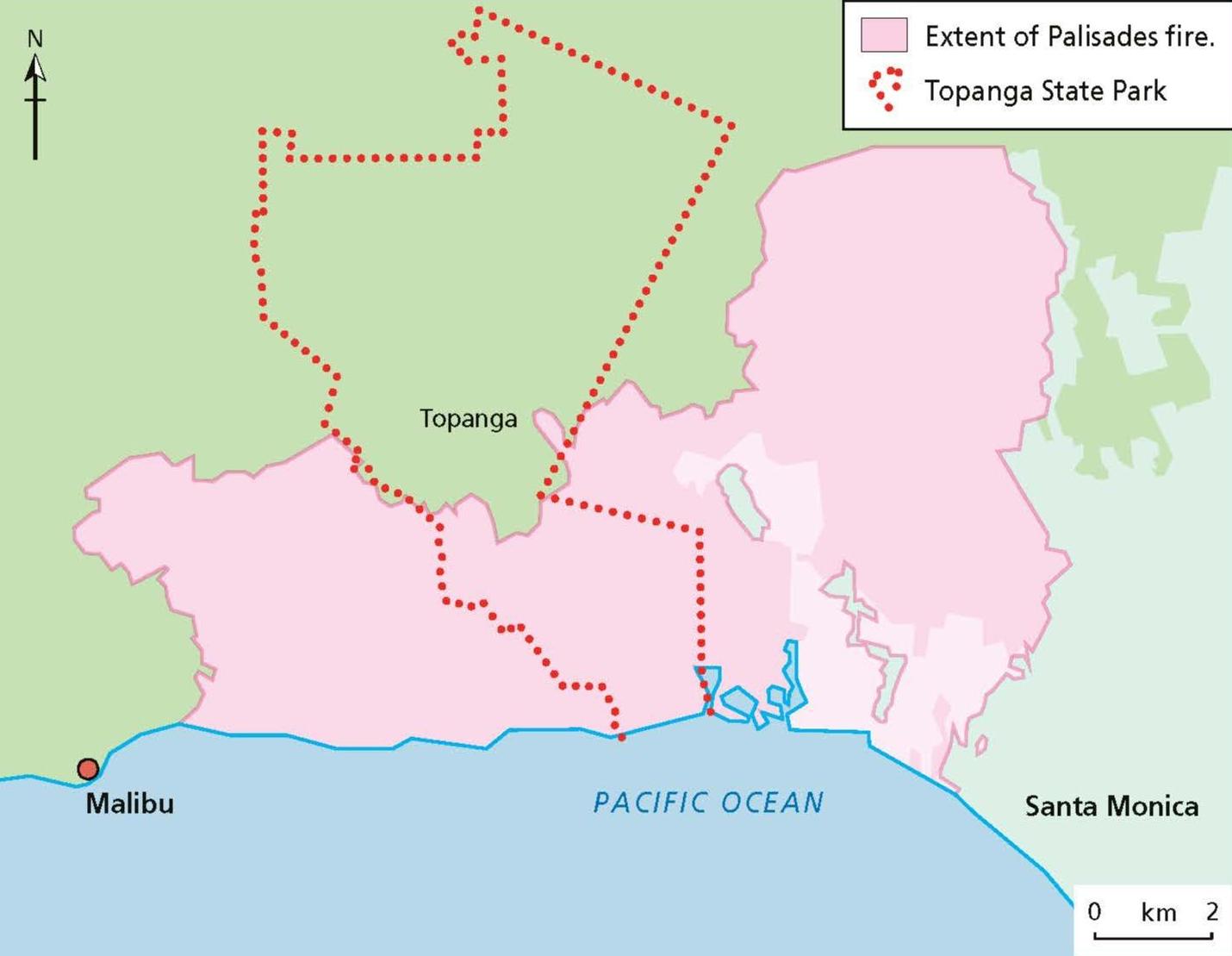 Simple map showing the extent of the Los Angeles Palisades fire.