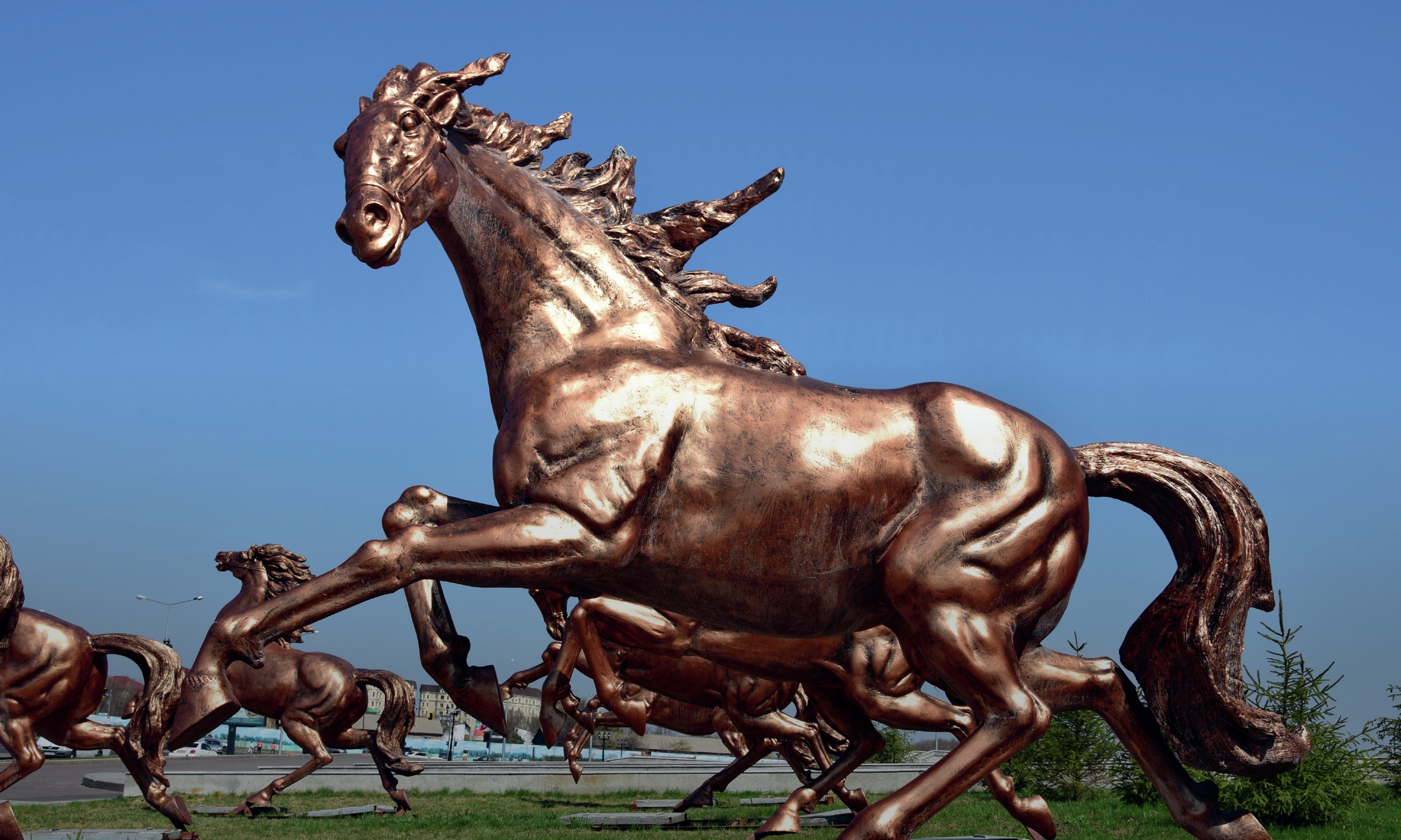 A bronze statue of a horse.