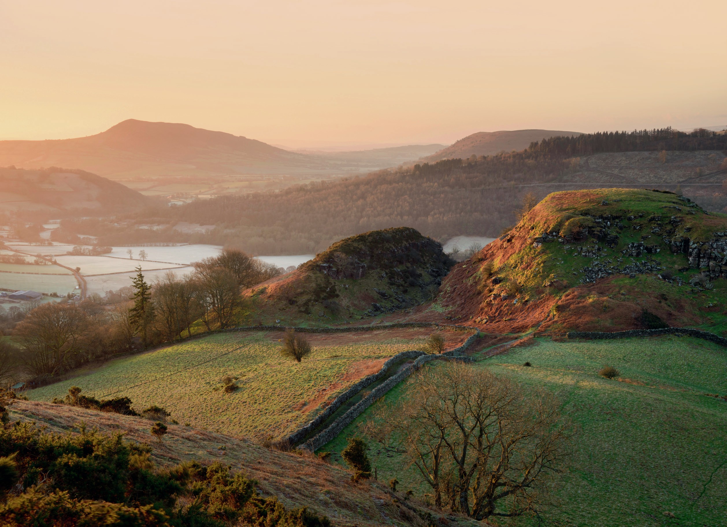 Countryside view from Hatterall Hill towards Skirrid Fawr in the Brecon Beacons, Wales. 