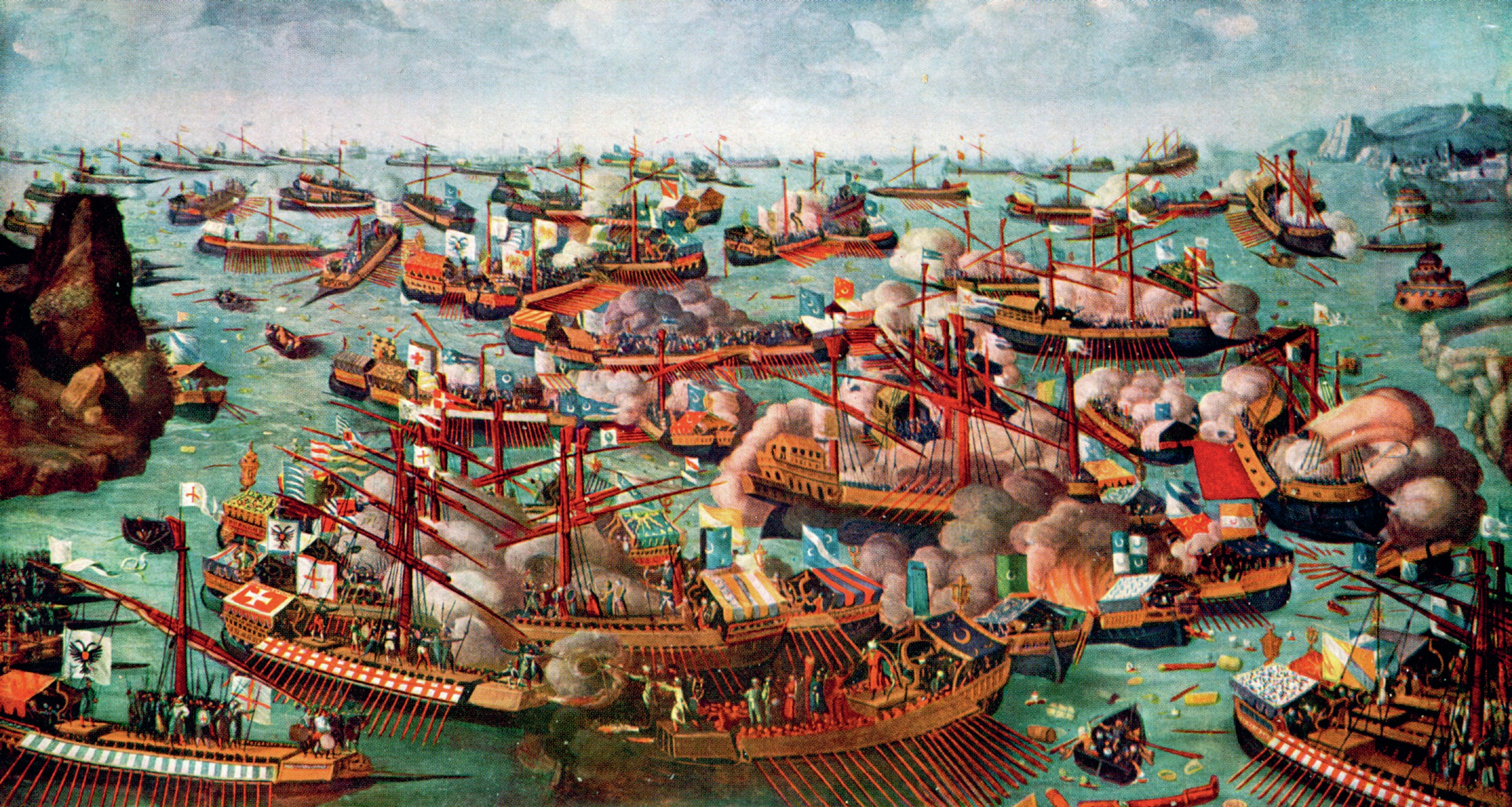 Colourful painting of sixteenth century ships with oars in a battle near the coast. There is smoke and some people are in the water.