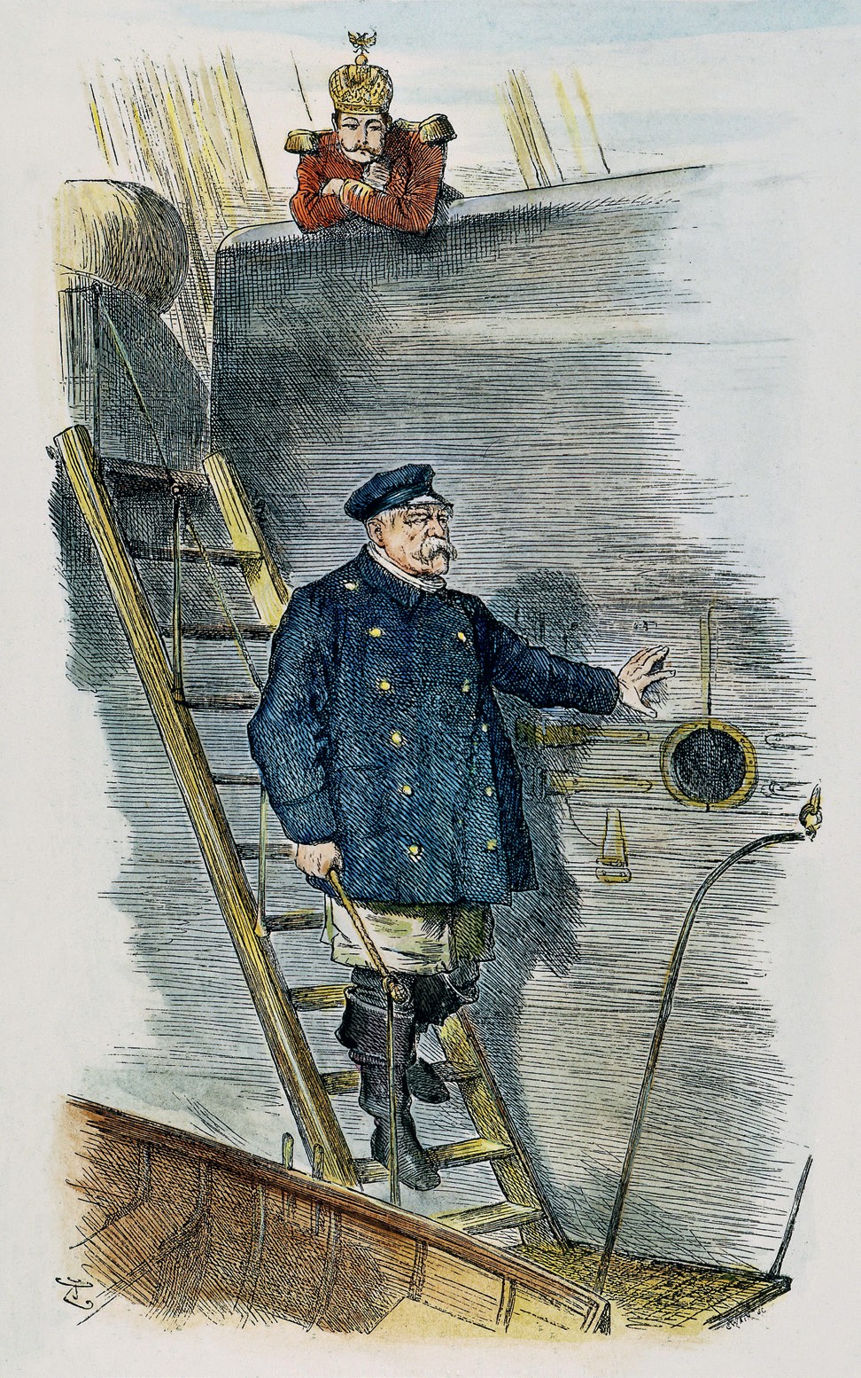Cartoon of Otto von Bismark walking down a ladder from a ship towards a rowing boat. Wilhelm II watches him from the ship.