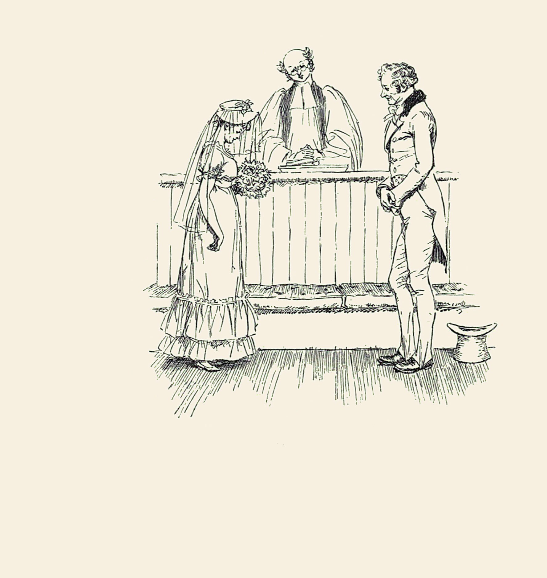 Line illustration of a couple at an alter in front of a priest. The woman holds flowers and has a veil.