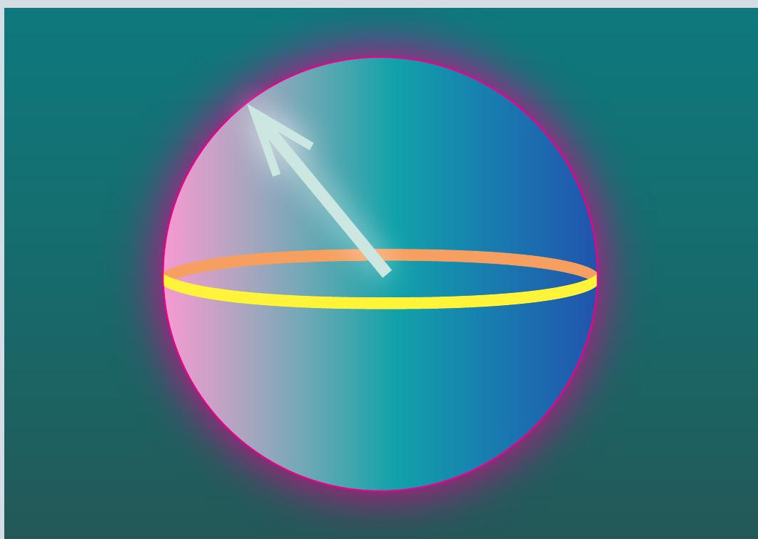 A sphere with a ring in it showing the diameter. A white arrow points to the top left from the centre of the sphere.
