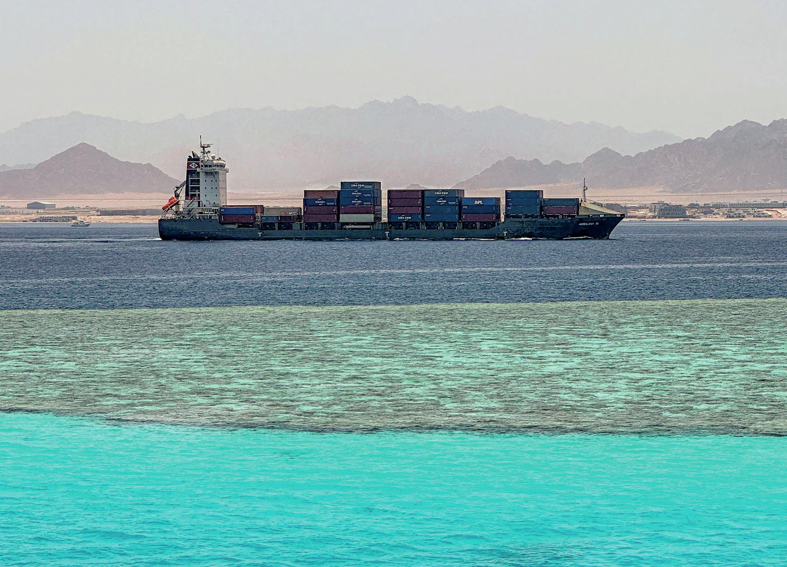 Container ship sailing in the Red Sea.