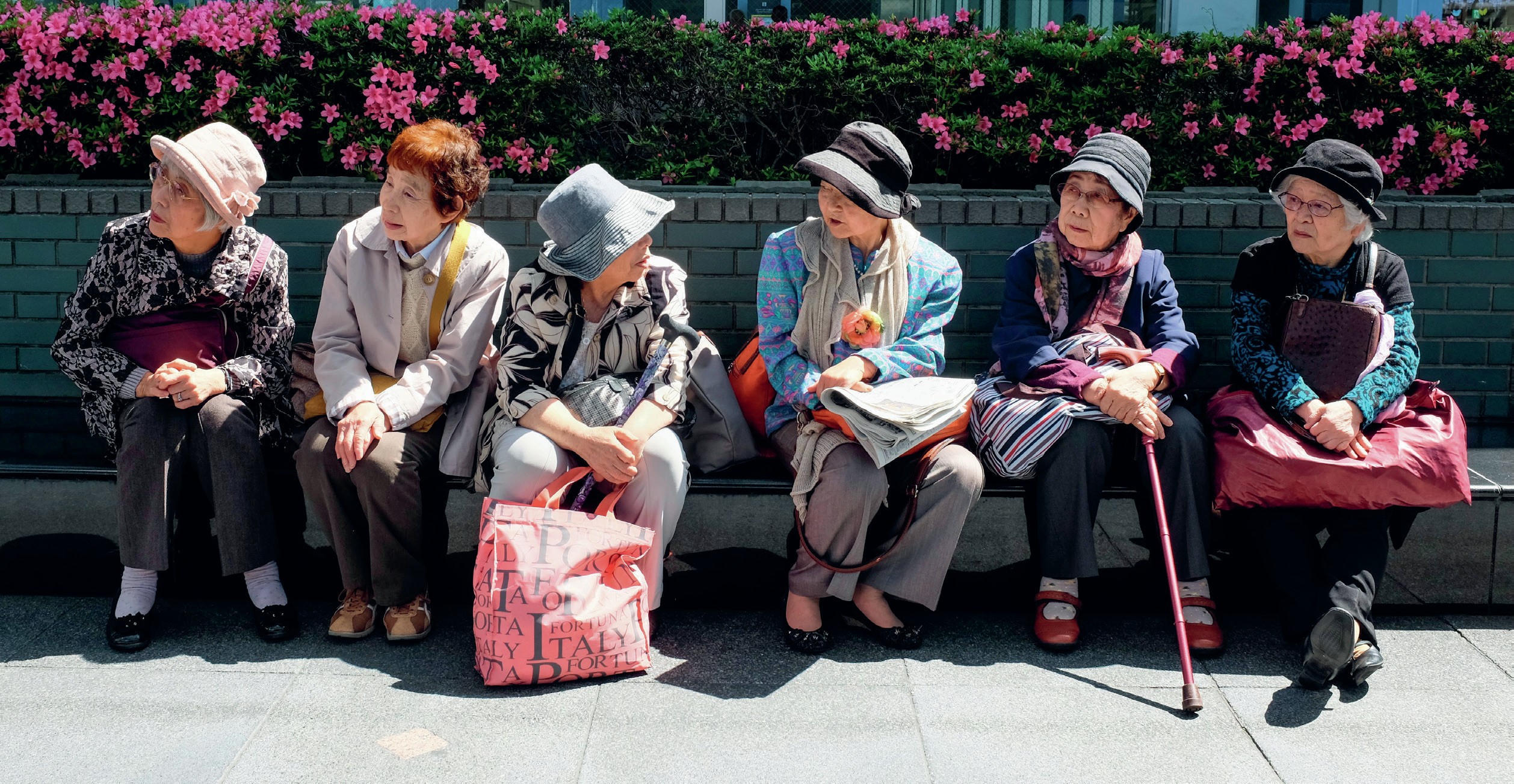 Group of elderly Japanese women on a bench in the sunshine.