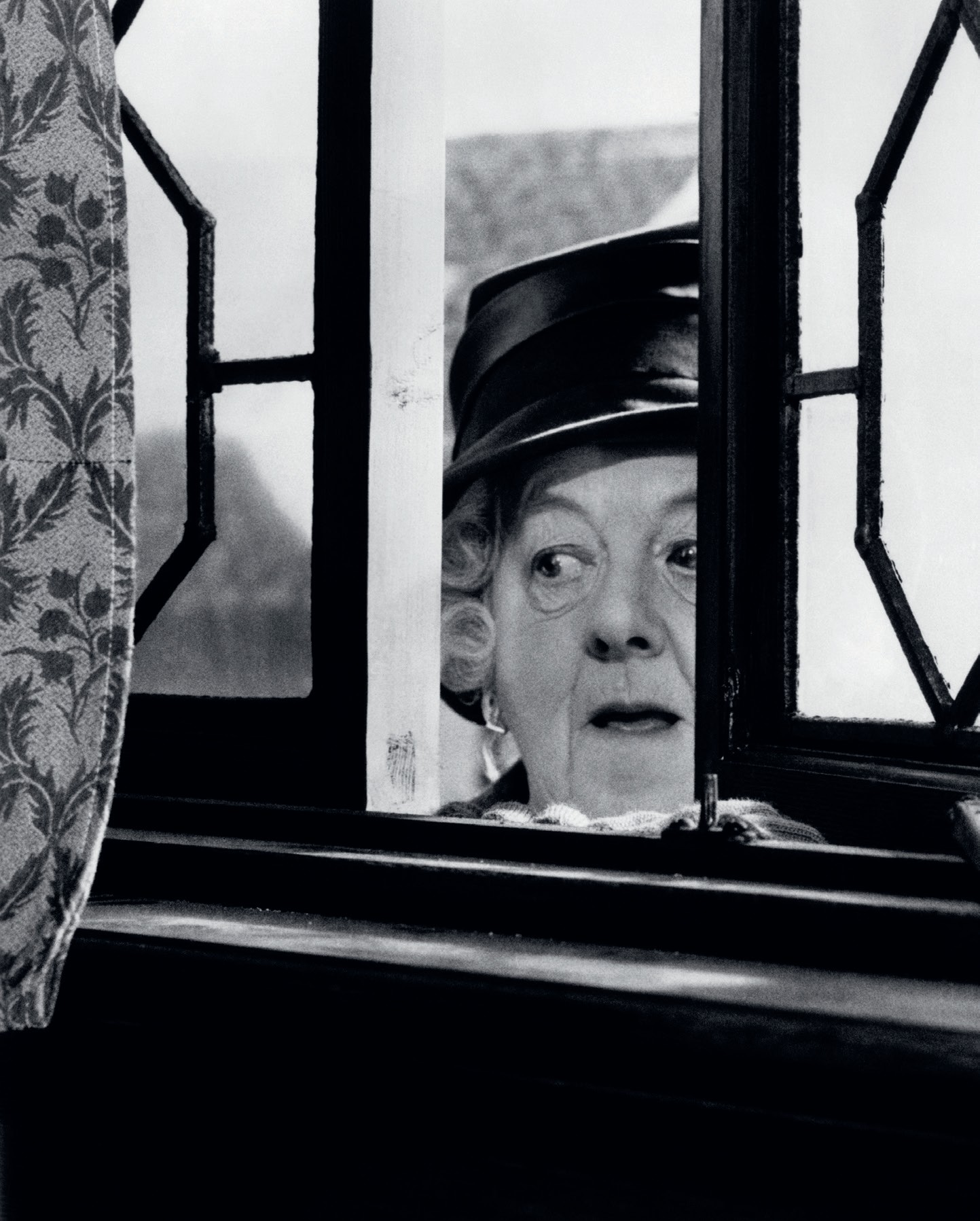 Black and white photo of Marple peering through a window.
