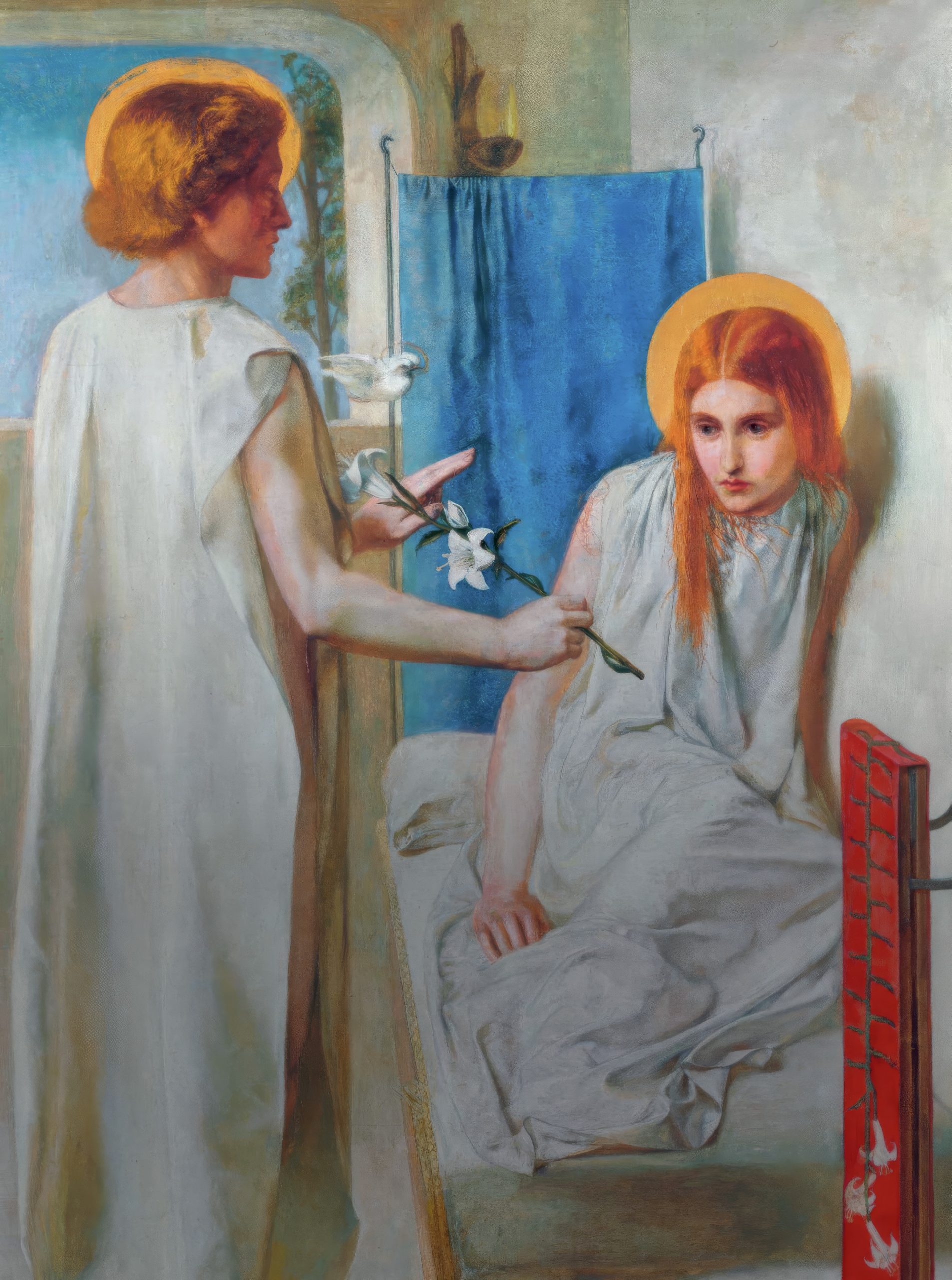 Mary is on a bed, looking down. The angel is standing next to her, holding a white lily.