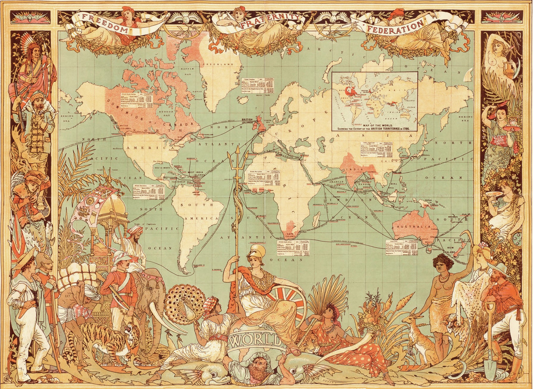 An old map of the world with Britain’s territories highlighted. It also shows shipping routes and is decorated with illustrations of people from around the world.