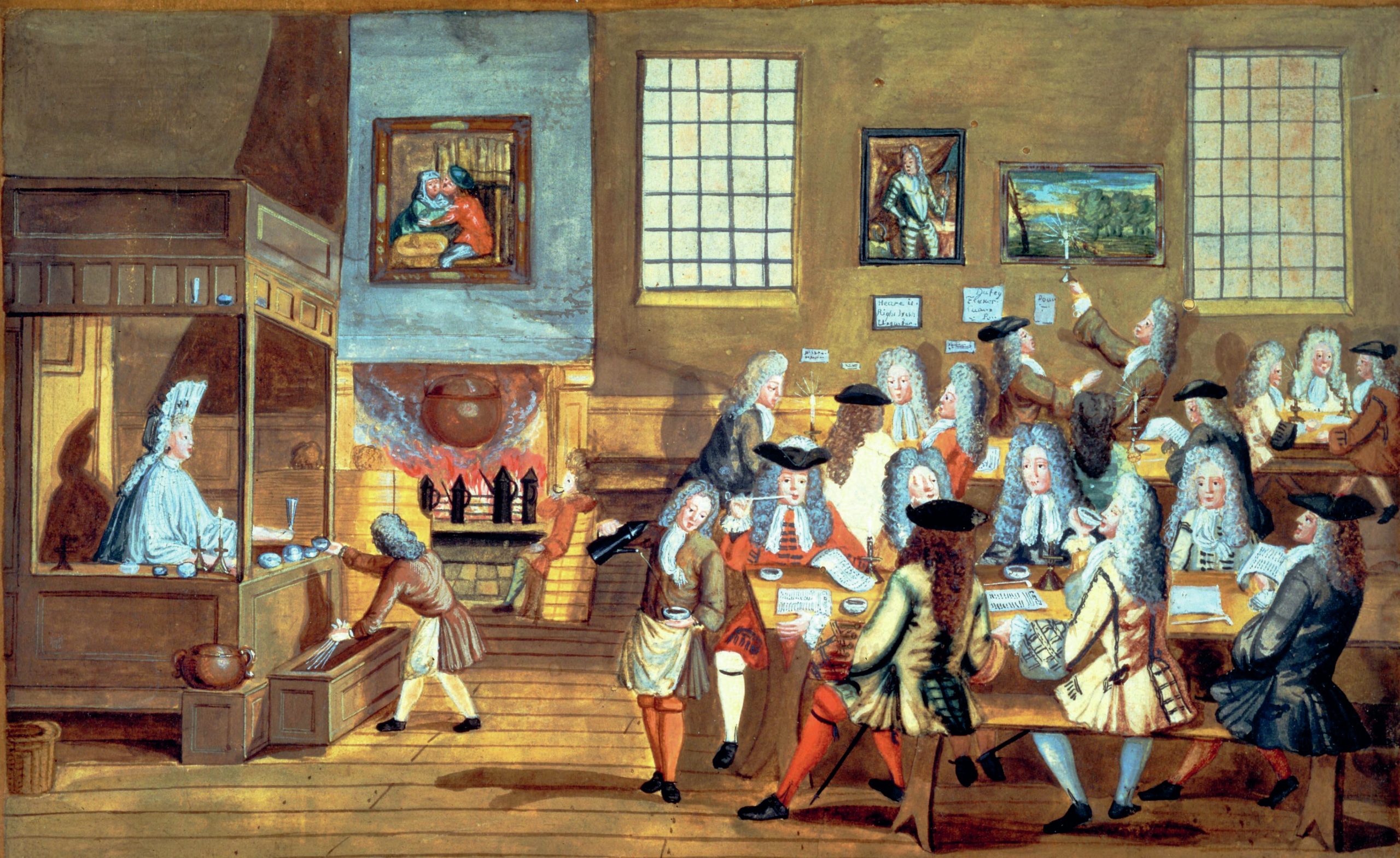 Groups of men in wigs sit at tables talking and drinking coffee. There are papers on the tables in front of them.