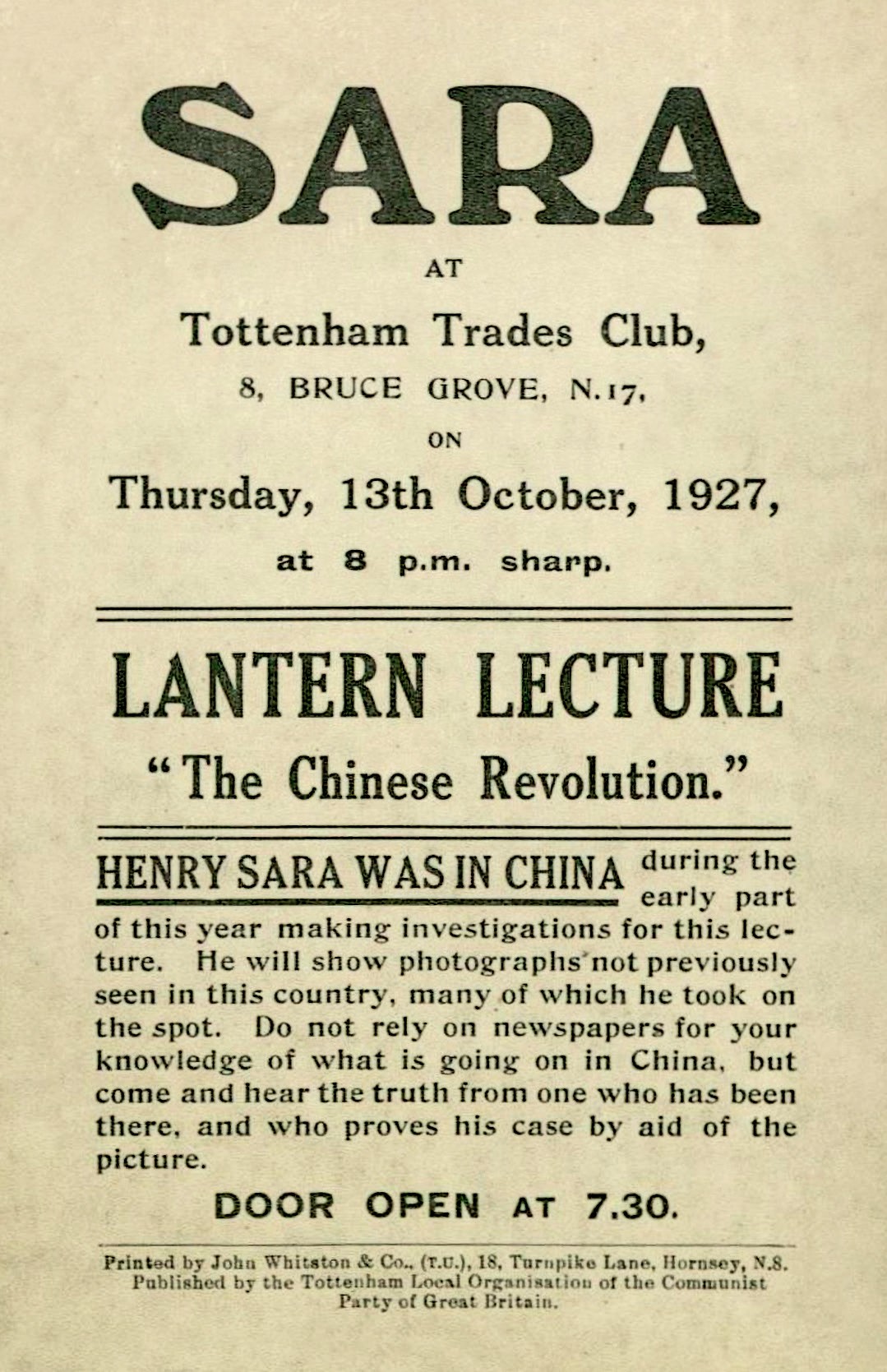 Leaflet detailing the time and location of Henry Sara’s lantern lecture in 1927 on The Chinese Revolution