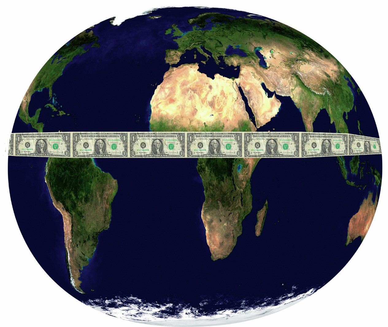 A globe with a ring of dollar bills around it.
