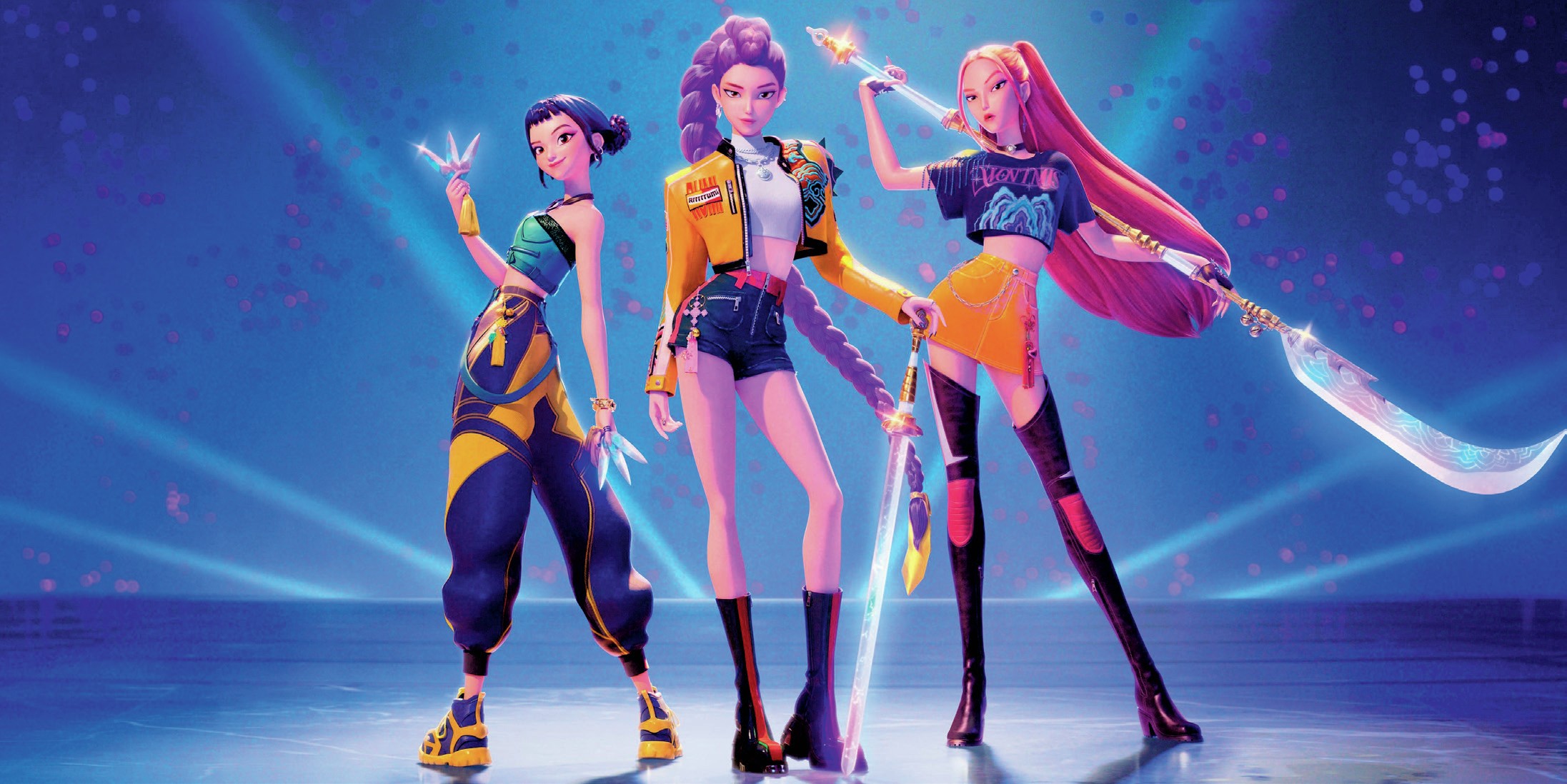 Three cartoon women pose on a stage.