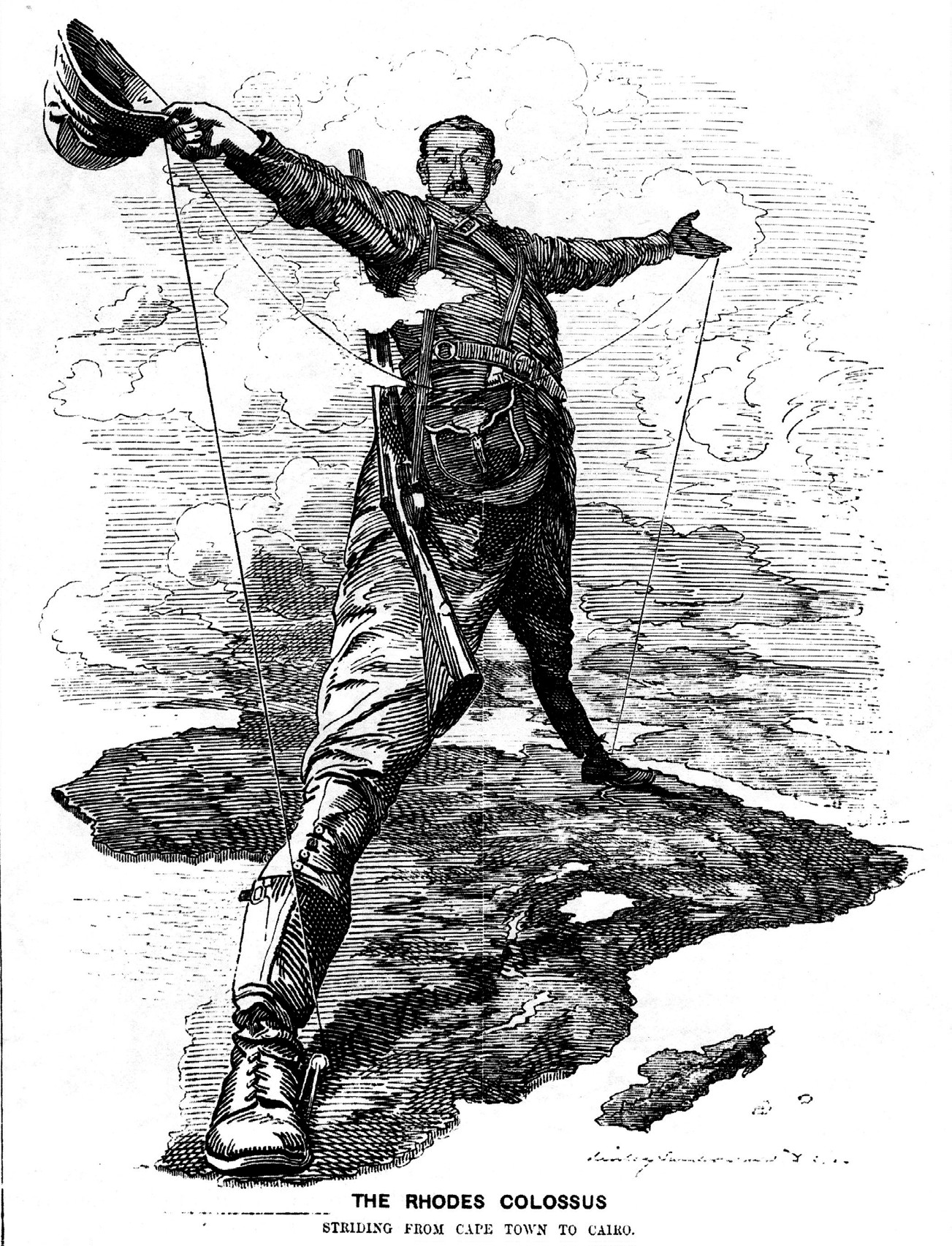 Cartoon of a man in uniform standing with one foot on the north and one on the south of Africa. He is holding a line that connects the two. Text under it says ‘The Rhodes Colossus’