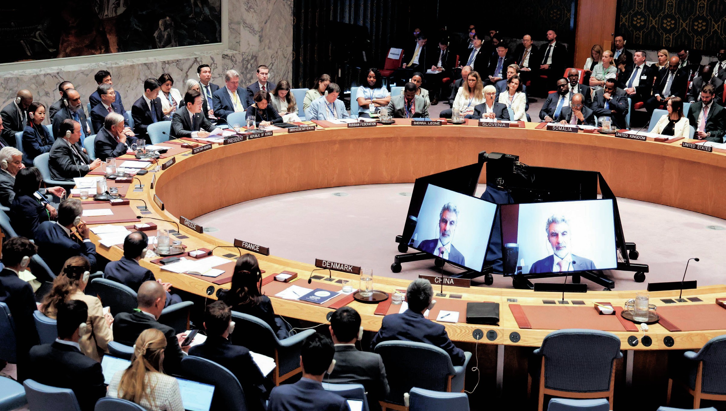 About 15 delegates are sitting around a circular table, with other participants behind them.