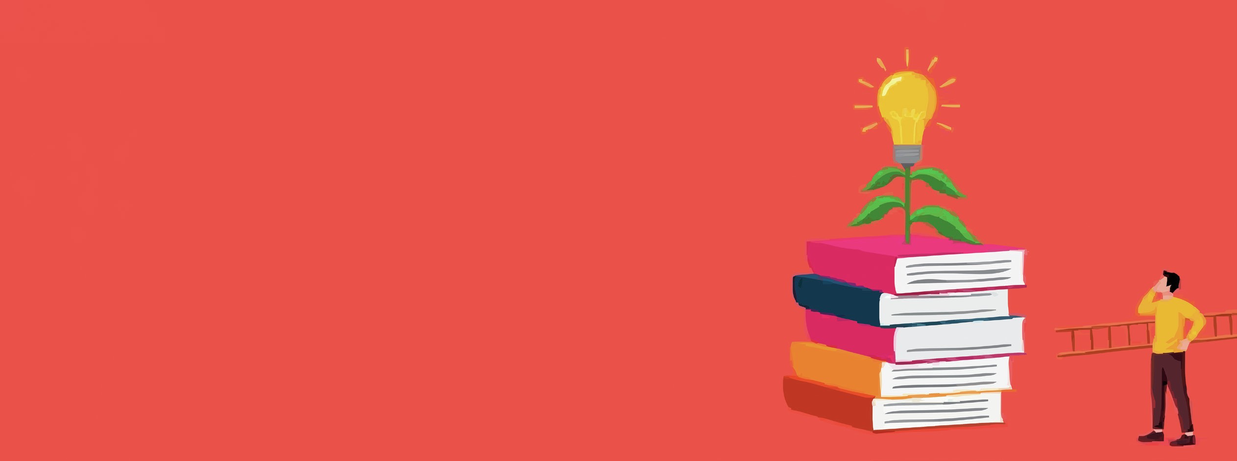 Cartoon of a student with a ladder and a pile of large books, with a lightbulb at the top.