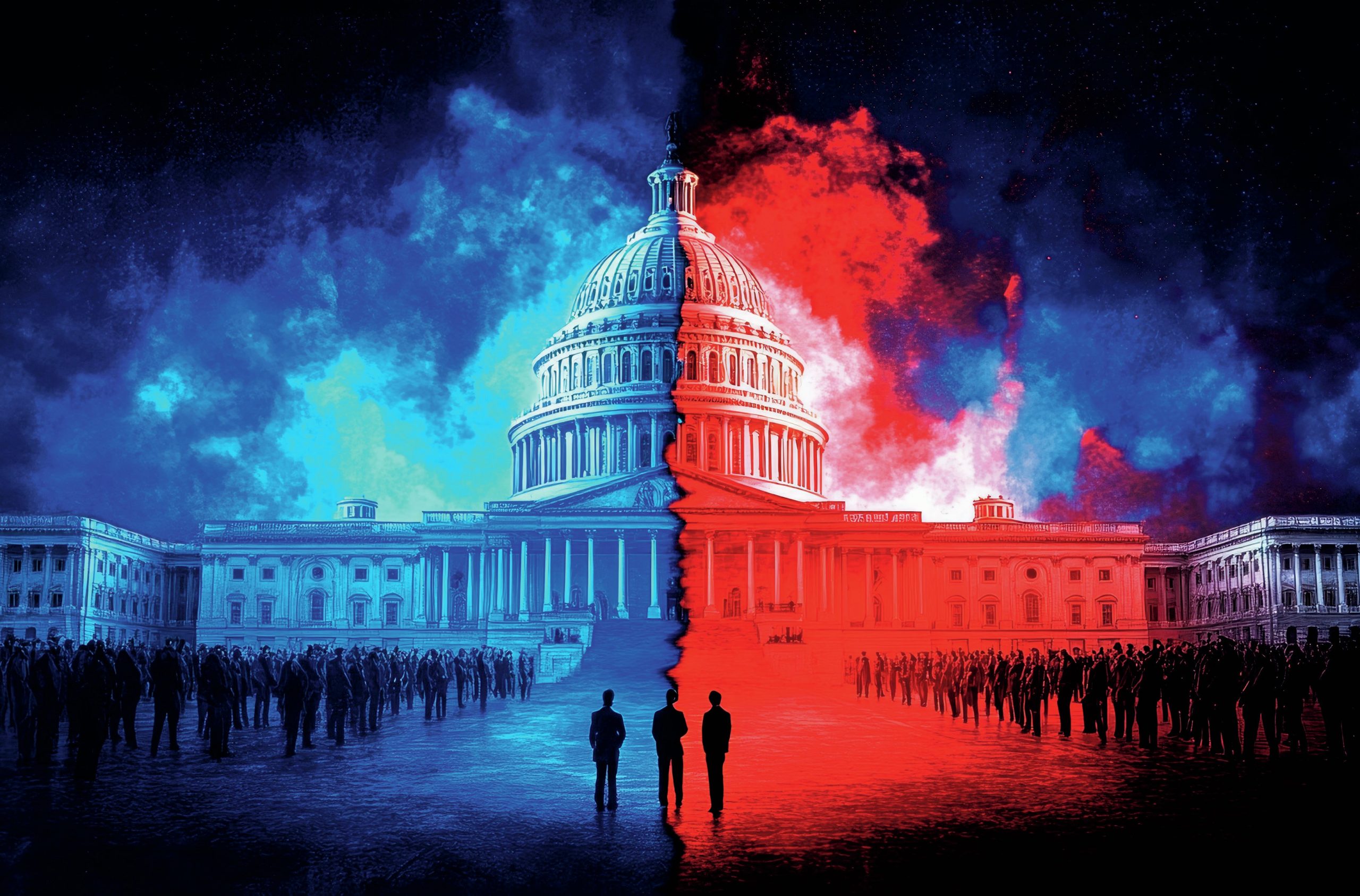 Capitol Building with red and blue sky behind it.